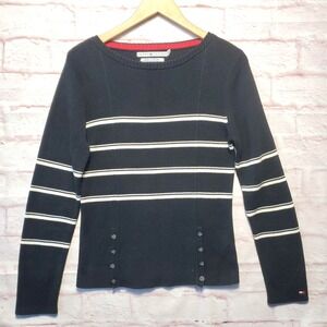 VTG Tommy Hilfiger Sweater Womens Large Black White Striped Cotton Preppy Casual